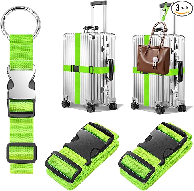 BILIONE 2Pcs Luggage Straps for Suitcases with Add A Bag Strap, Adjustable Luggage Identifiers Nylon Travel Belt TSA Approved (Green)