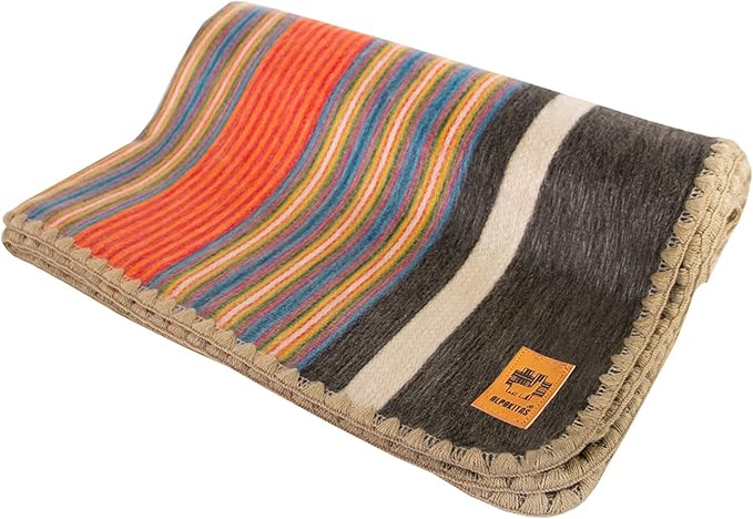 Alpaca Wool Blanket – Queen Size, 87 x 64 Inches – Warm & Lightweight – Couch, Bed, or Outdoor Blanket – Orange & Blue
