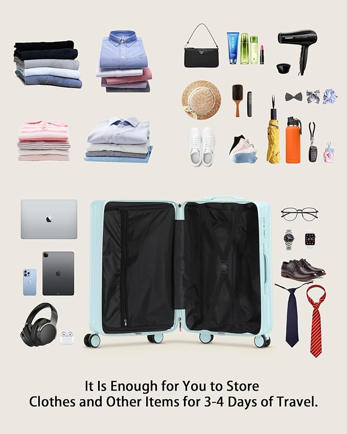 20 Inch Carry On Luggage With Cup Holder & USB Port, Airline Approved TSA-locked Luggage, Lightweight PC Material Travel Suitcase With 360° Spinner Wheel (20in-Blue, 20in)