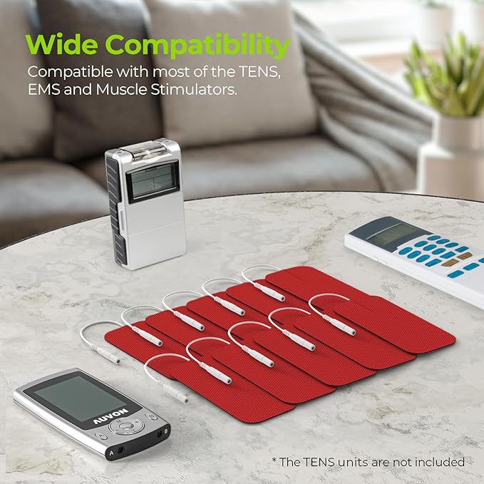 AUVON TENS Unit Pads 2"X4" 10 Pcs, 3rd Gen Latex-Free Rectangular Replacement Pads Electrode Patches with Upgraded Self-Stick Performance for Electrotherapy(Red)