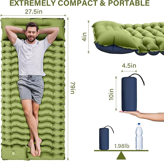 Camping Sleeping Pad, Ultralight Camping Mat with Pillow, Built-in Foot Pump Inflatable Sleeping Pads Compact for Camping Backpacking Hiking Traveling Tent,Single,Green.