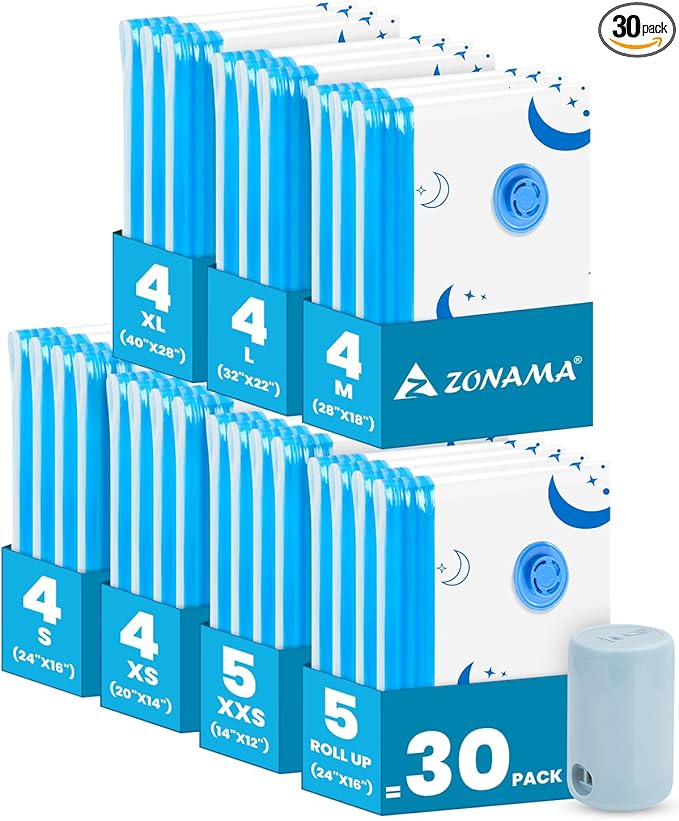 Vacuum Storage Bags with Electric Pump, 30 Pack Vacuum Sealed Bag with 1500mAh Rechargeable Battery for Clothes, Blanket, Duvets, Pillows, Comforters, Travel