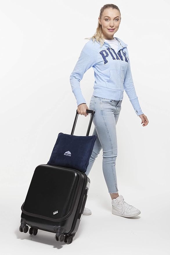 BlueHills Premium Soft Long Travel Blanket Pillow for Tall Airplane Flight Blanket Throw Luggage Belt & Backpack Clip Compact Packable Car Large 2 in 1 Combo Warm Gifts Navy Blue T051