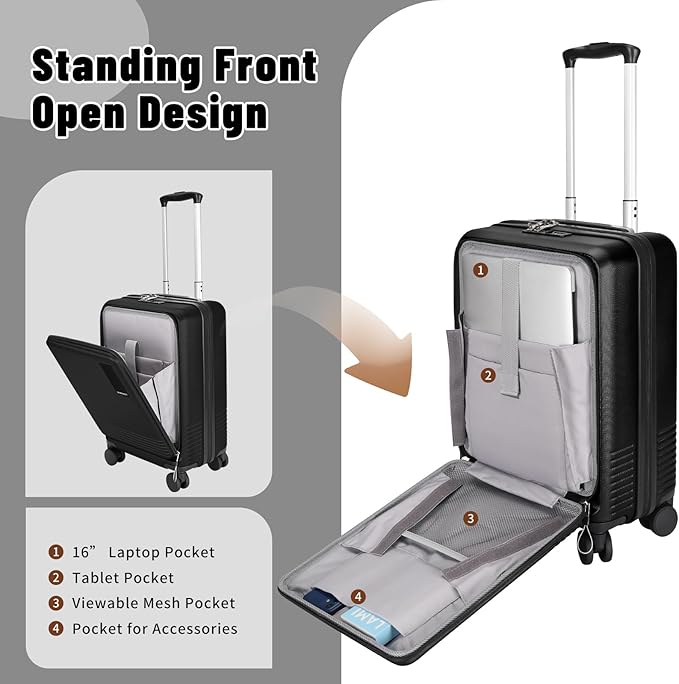 20 inch Small Carry On Luggage Front Open with Laptop Pocket, ABS+PC Hard Shell Suitcase with Spinner Wheels TSA Lock & YKK Zipper, 20in/Toiletry Bag/Handbag, Black