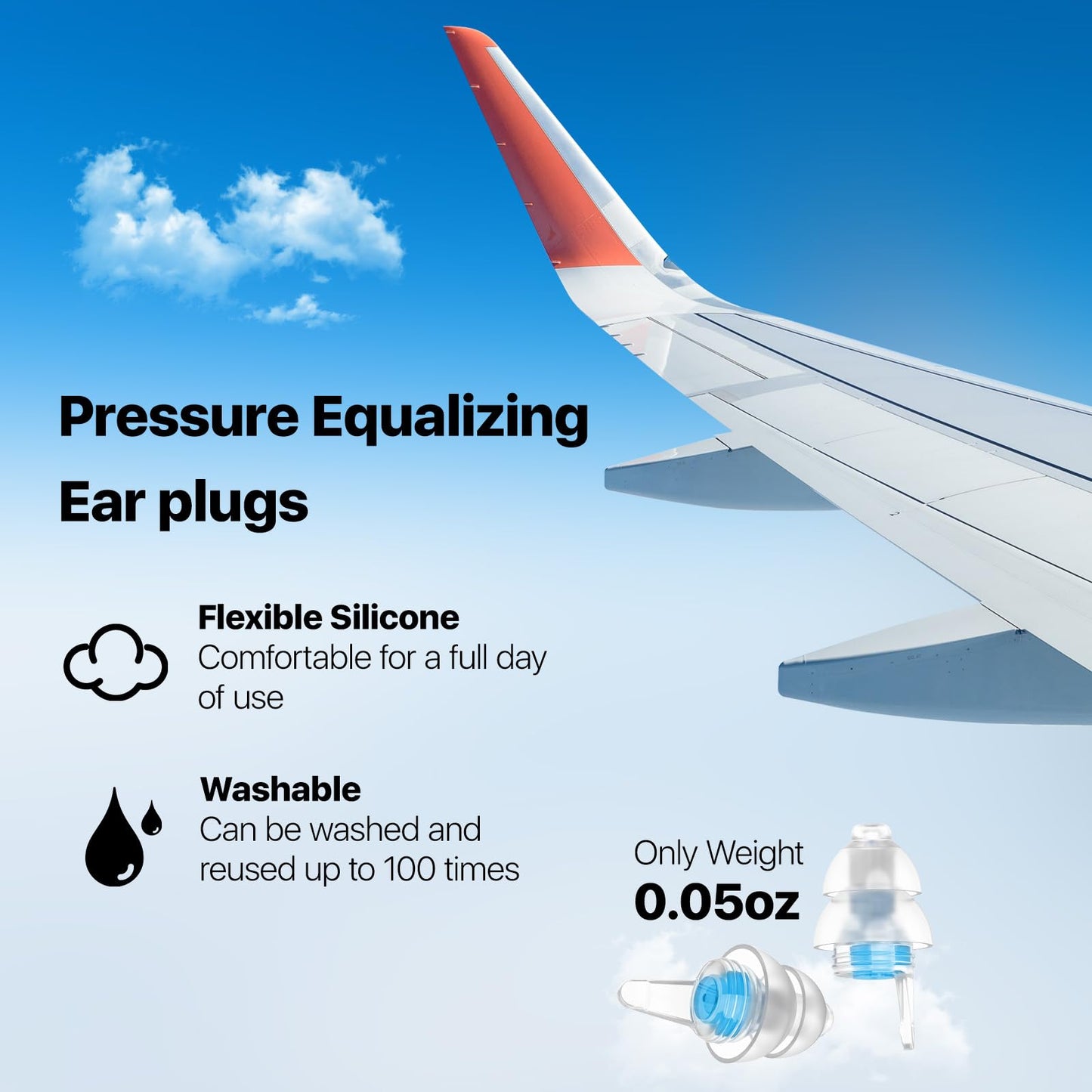 Softvox Ear Plugs for Airplane Pressure Relief & Prevent Ear Pain - Flying Travel Essentials - Comfortable Reusable Plane Earplugs for Adult/Kids 12+ with Small Ear-canals, 25dB Noise Reduction, BU