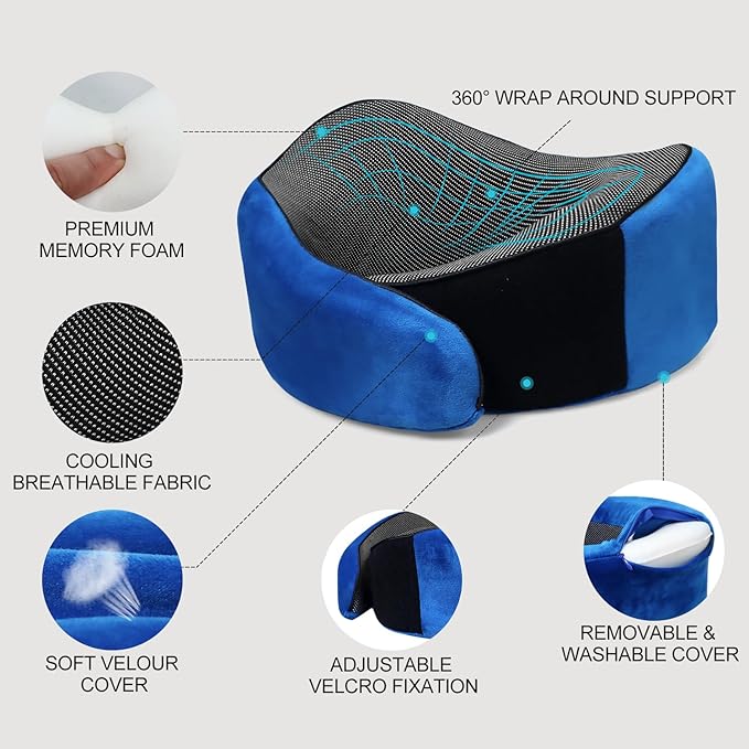 Travel Neck Pillow for Airplanes, 360°Support Neck Pillow for Traveling, Memory Foam Travel Pillows Portable Long Flight Essentials with Washable Cover for Car, Trains, Office (Blue)