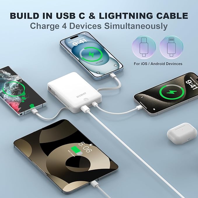 10000mAh Power Bank Portable Charger, Ultra Slim 22.5W Fast Charging with Built in USB C and ‌Lightning Cable, 4 Outputs Power Bank for iPhone 11/12/13/14/15/16 Android Samsung - White