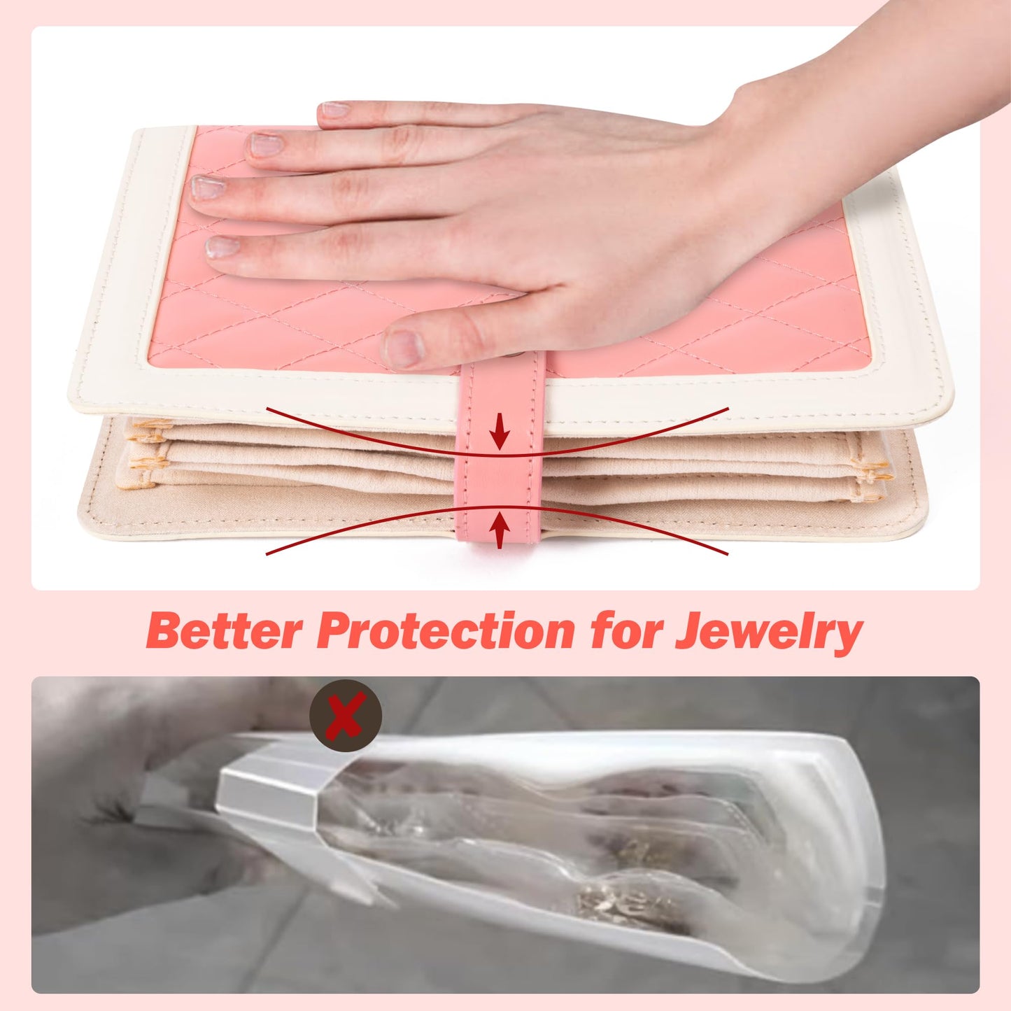 FurUlixty Jewelry Travel Organizer Case -5 Pouch Jewelry Roll for Necklaces, Rings, Earrings Jewelry Storage Ring Binder PU Leather for Women (Beige & Pink)