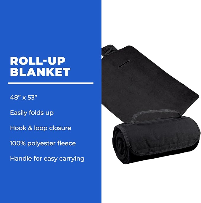 25 Ct of Roll-Up Blankets for Camping, Travel, Outdoors, Beach, Picnics – Black – Hook + Loop Closure for Easy Use in Cars & on Airplanes – Customizable for Promotions & Events