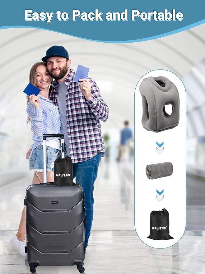 Maliton Inflatable Travel Pillow for Airplane Comfortable Sleeping to Relieve Neck and Shoulder Pain, Support Head Inflatable Pillow for Long Flights, Used for Airplanes, Cars, Trains(Dark Grey)