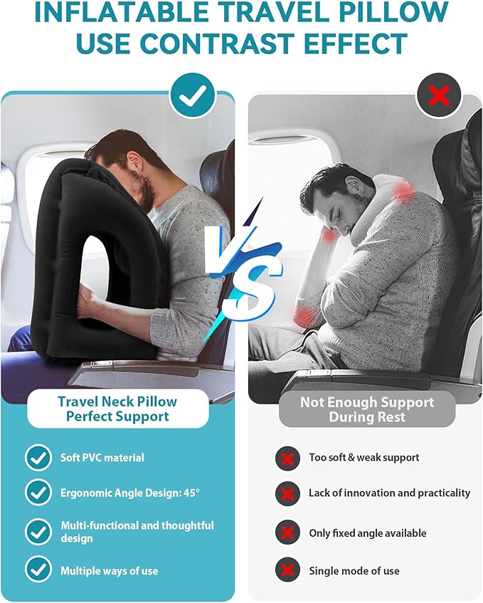 JefDiee Inflatable Travel Pillow, Airplane Neck Pillow Comfortably Supports Head and Chin for Airplanes, Trains, Cars Office Napping on The Tray Table (Black)