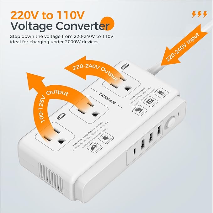 220V to 110V Voltage Converter, TESSAN Universal Travel Adapter with 4 USB Charger (1 USB C), 3 AC Sockets and EU/UK/AU/IT Plug Power Adaptor, Step Down Transformer Outlet Converters for International
