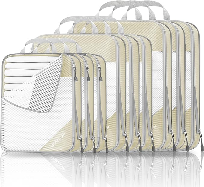 9 Set Compression Packing Cubes for Travel - Compressible, Lightweight, and Space-Saving Packing Cubes, Travel Essentials for Women, Beige