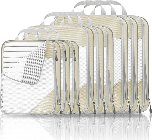 9 Set Compression Packing Cubes for Travel - Compressible, Lightweight, and Space-Saving Packing Cubes, Travel Essentials for Women, Beige