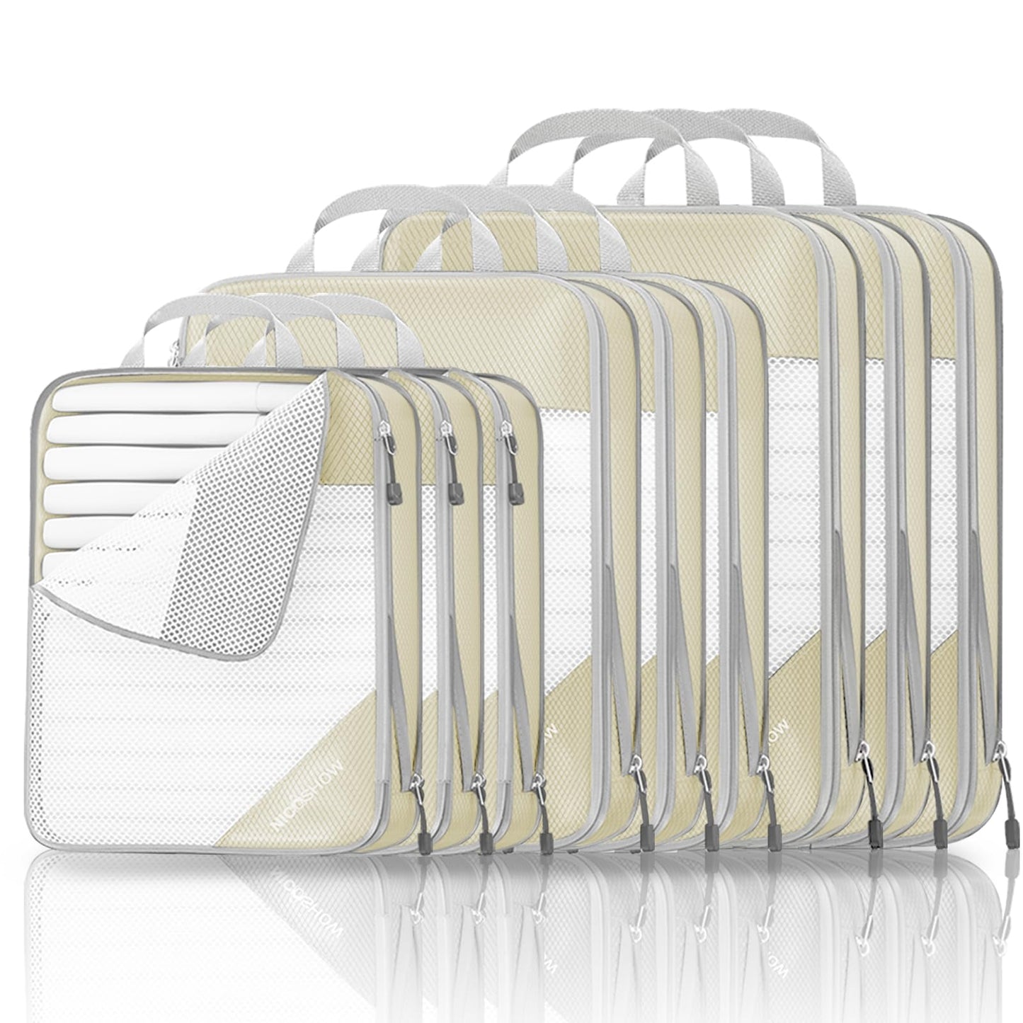 9 Set Compression Packing Cubes for Travel - Compressible, Lightweight, and Space-Saving Packing Cubes, Travel Essentials for Women, Beige