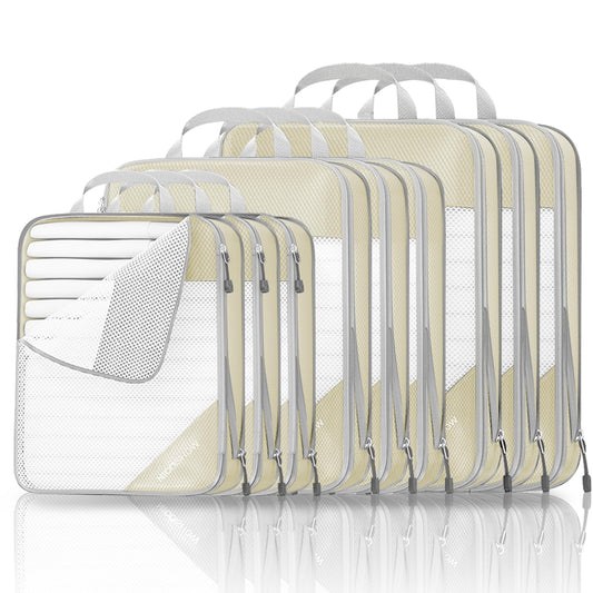 9 Set Compression Packing Cubes for Travel - Compressible, Lightweight, and Space-Saving Packing Cubes, Travel Essentials for Women, Beige