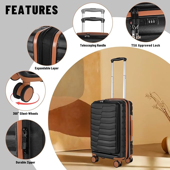22×14×9 Airline Approved Carry On Expandable Luggage with Front Open Pocket, Spinner Wheels, ABS+PC Hardshell Small 20inch Suitcase with Protective Cover and Luggage Tag, Black