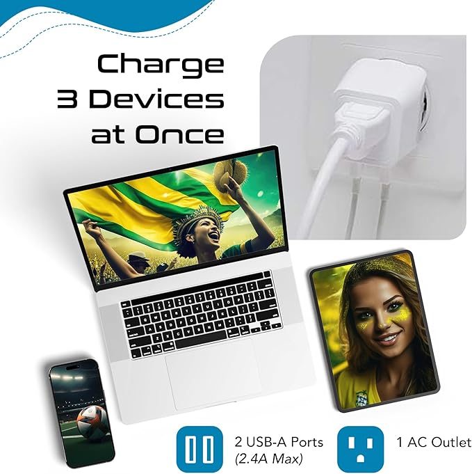 Ceptics Brazil Travel Adapter Plug With Dual USB - USA Input - Type N - Ultra Compact - Perfect for Cell Phones, Laptop, Camera Chargers, iWatch and More (CTU-11C)