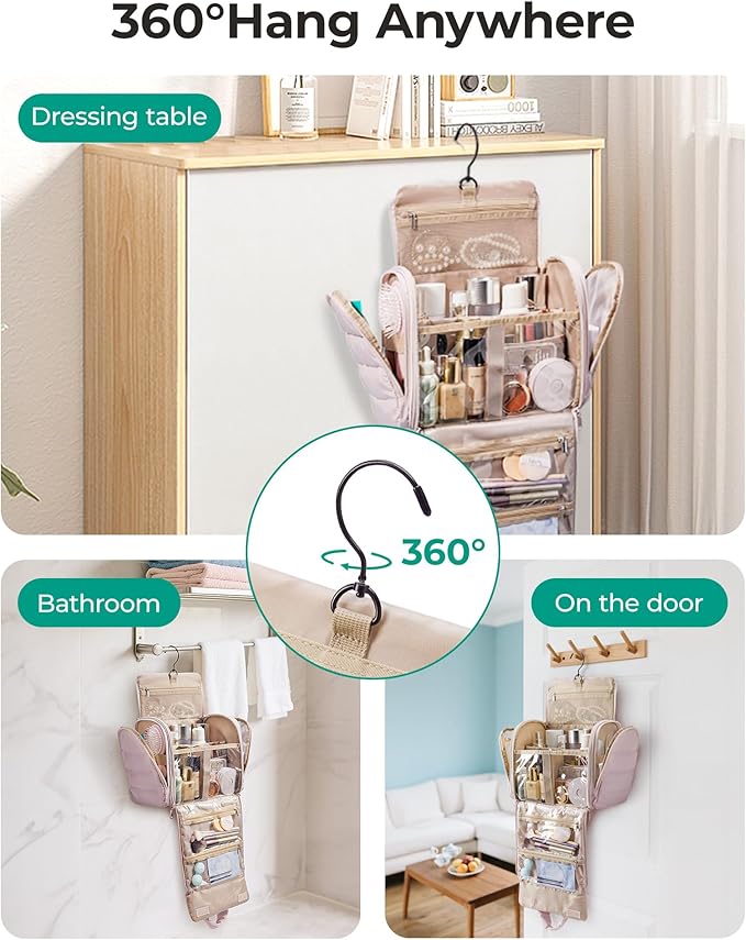 BAGSMART Toiletry Bag for Women with Hanging Hook, Puffy Water-resistant Makeup Cosmetic Bag for Accessories, Shampoo, Full-size Container, Toiletries, Beige