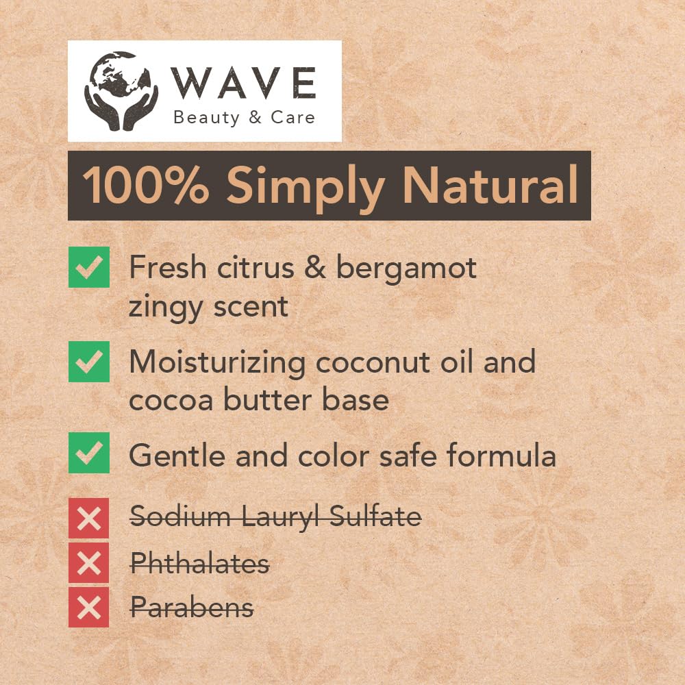 Wave Fresh Citrus Shampoo Bar - Moisturizing & Handmade Vegan Bar for Shiny Hair, Natural, Organic & Non-GMO Shampoo for Women & Men, 2.3 oz, Long-Lasting (80-120 Uses)