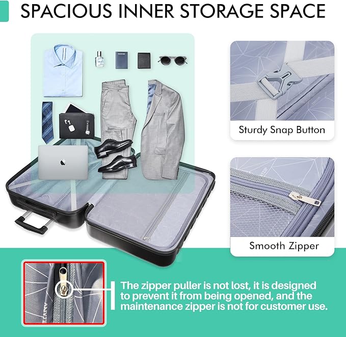 AnyZip Luggage Sets 3 Piece Hardshell Suitcase Set PC ABS Lightweight Travel Suitcases with 4 Double Spinner Wheels TSA Lock 20 24 28 Inch Black