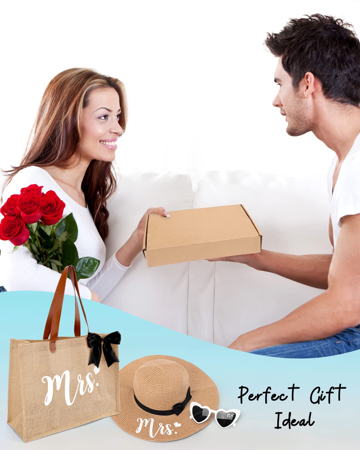 Percozzi Mrs. Tote Bag Sun Hat Glasses Set Bride-To-Be Bridal Shower Gift with Cute Heart Basket for Bride Wifey Honeymoon Jute Tote Bag Kit Summer Beach Present for Friend Set of 3