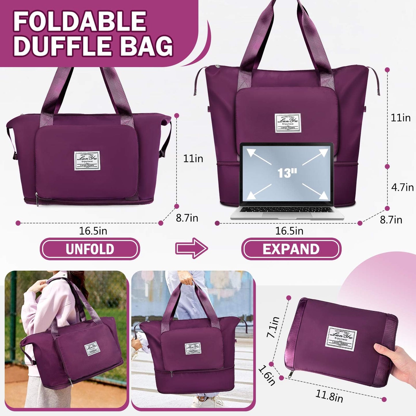 Ranslen Large Capacity Folding Travel Bag, Expansion Duffel Bag with Dry & Wet Separation