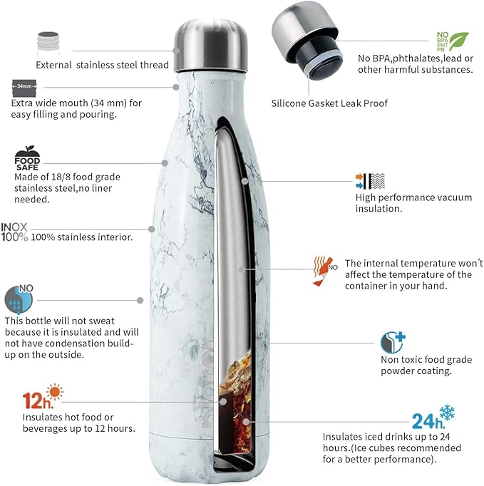 BJPKPK Insulated Water Bottles 17oz Stainless Steel Sports Water Bottles Keep Cold for 24 Hours and Hot for 12 Hours,BPA Free,Marble Ice