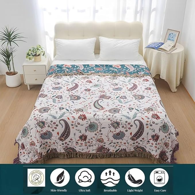 Boho Throw Blankets 80"x90",100% Cozy Cotton Blanket for Travel, Picnic, Reversible Lightweight Knitted Farmhouse Muslin Blankets for Bedroom,Home Decor