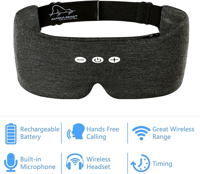 ALASKA BEAR Headphone Cotton Headband Bluetooth 5.2 HD Stereo Noise Reduction Eye Contour Built-in Cotton Sleep Mask with Thin Speakers Wireless Audio Sound Sports Headgear(Cool Gray)