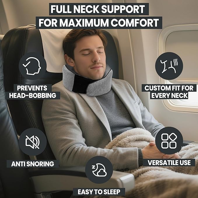 Travel Pillow, 100% Pure Memory Foam Travel Neck Pillow Airplane Neck Support Ergonomic Design for Traveling Suitable for Airplanes,Offices and Cars-Dark Grey