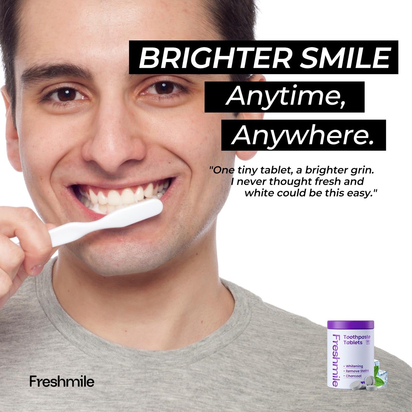 Freshmile Whitening Toothpaste Tablets with Nano-Hydroxyapatite (NHA) for Smokers, Super Cold, Fluoride-Free, Charcoal Powder Whitening, Deep Clean, Enamel Repair, Travel-Friendly Tabs (60 Count)