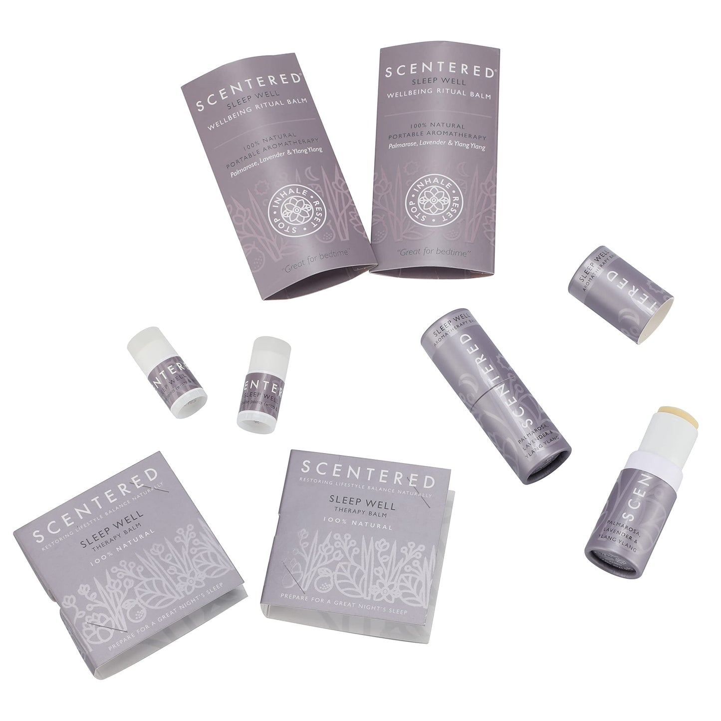 Scentered Sleep Well Aromatherapy Essential Oils Balm Saver Bundle - 2 x 5g Balms & 2 x Mini Travel Balms - for Restful Sleep - Natural Blend of Lavender, Chamomile, Ylang Ylang
