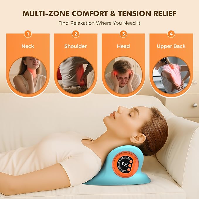 Neck Massager 2025 Portable Neck Traction Device, Cervical Stretcher with Heating & Vibration – Relieve Muscle Tension, 3-in-1neck pillow Customizable Massage Modes with Wireless Remote Control