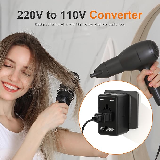 220v to 110v Converter and Adapter for Travel: International Universal Plug Adapters and Voltage Converters for Hair Dryer - High Power Transformer and Adaptor for US to European Italy UK EU