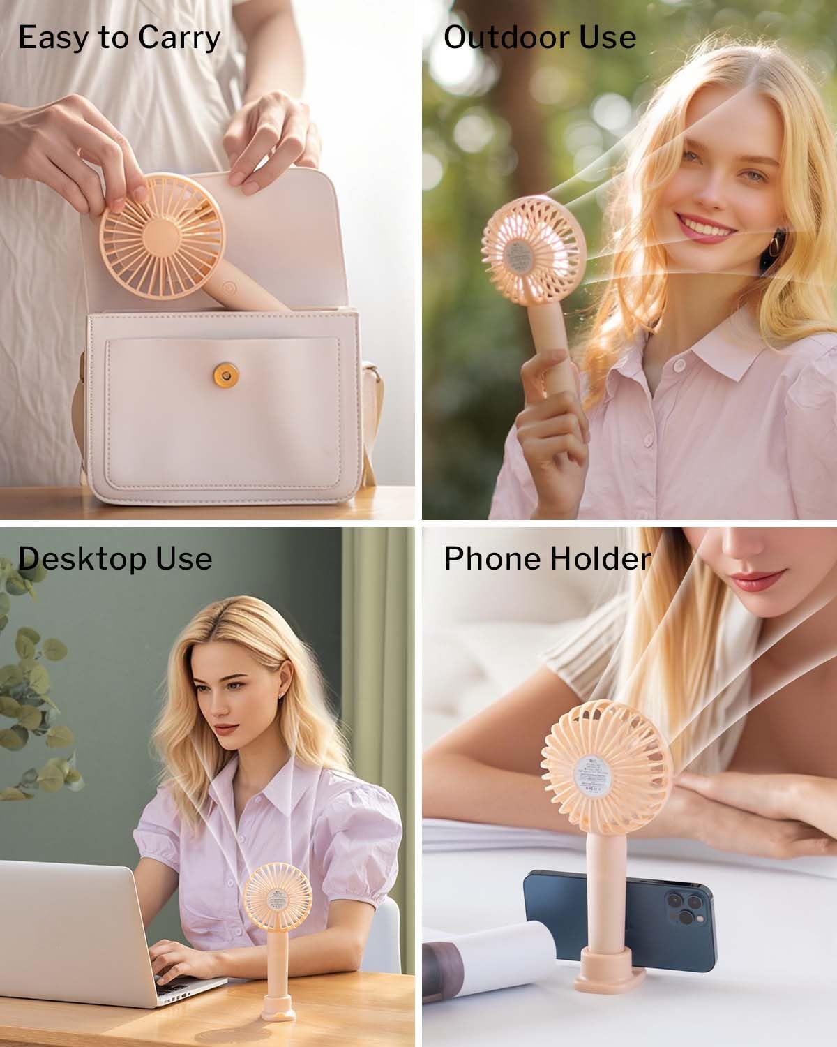 Linlinwill Portable Handheld Fan 2 Pack, USB Rechargeable Mini Fan, Ultra Quiet, 3 Speeds with Phone Holder Base, All Day Battery for Outdoor Indoor (Pink)