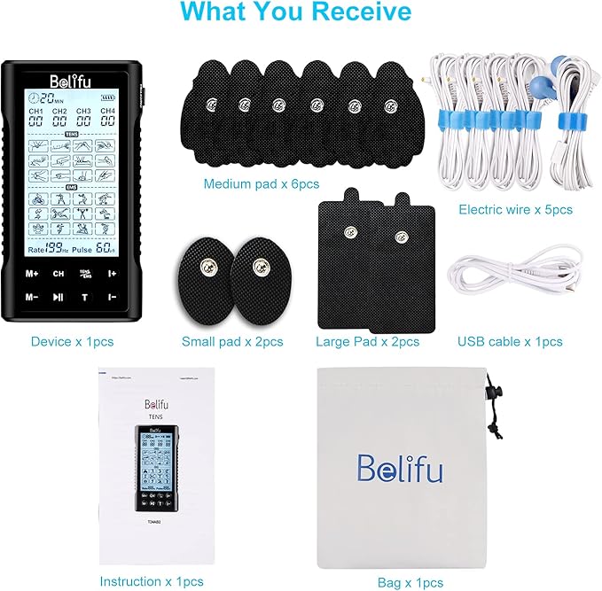 Belifu 4 Independent Channel TENS EMS Unit, 24 Modes,30 Level Intensity Muscle Stimulator Machine, Rechargeable Electric Pulse Massager with 10 Pads&5 Set Leads Wires, for Pain Relief Therapy(Black)