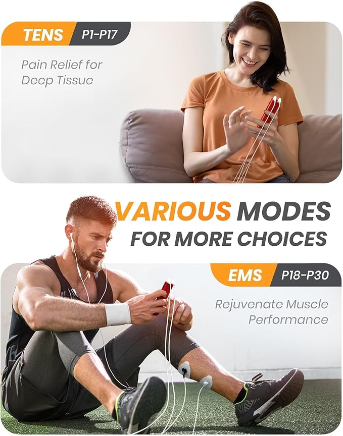 30 Modes TENS EMS Unit Compact Muscle Stimulator for Pain Relief, Rechargeable & Portable Dual Channel Muscle Stimulator with 30 Intensity Levels and 12 Electrode Tens Unit Replacement Pads Red