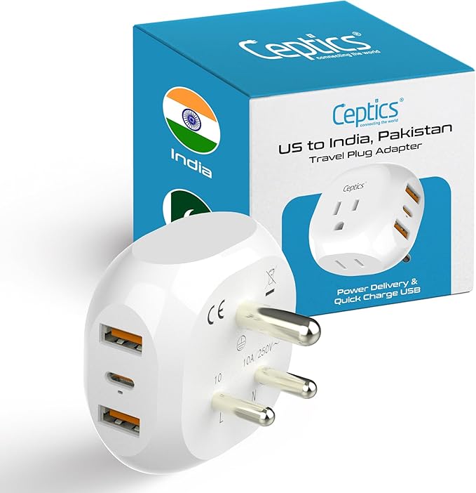 Ceptics India, Pakistan Travel Adapter - 5 Input with QC 3.1A Dual USB and USB-C - Ultra Compact - Light Weight - USA to Any Type D Countries Such as Bangladesh, Maldives and More (PTU-10), White