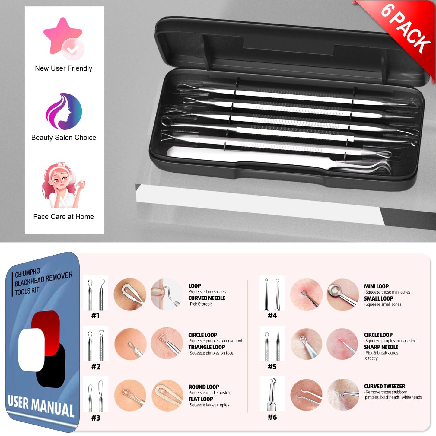 Cbiumpro 6 Pack Blackhead Remover Tools, Pimple Popper Tool Kit, Professional Blackhead Extractor for Zit, Acne, Whitehead, Comedone on Nose - with Case