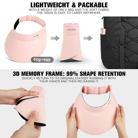 YANIKY Sun Visor for Women Wide Brim Summer UPF50+ UV Protection Seamless Sun Hats Foldable Beach Cap (US, Alpha, One Size, Pink)