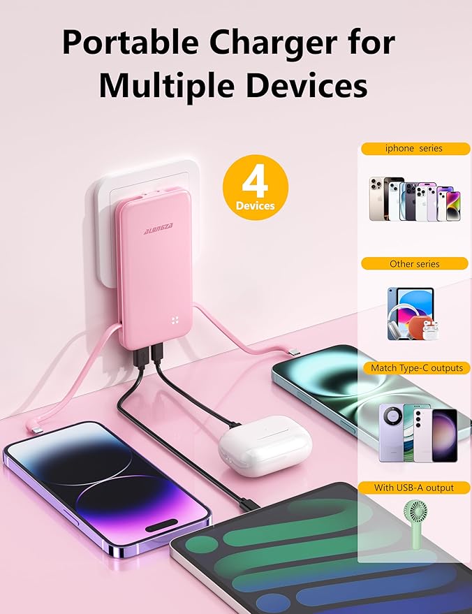 Alongza Portable Charger Built-in Cables and AC Wall Plug, Slim Fast Charging Power Bank 10000mAh, Lightweight USB C External Battery Pack Compact Travel Cell Phone Charger