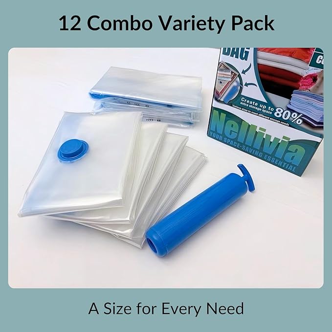 12 Pack Vacuum Storage Bags with Hand Pump, Compression Space Saver for Comforter, Bedding, Blanket Storage, Vacuum Seal Bags for Clothing, Luggage Suitcase and Closet Organizer