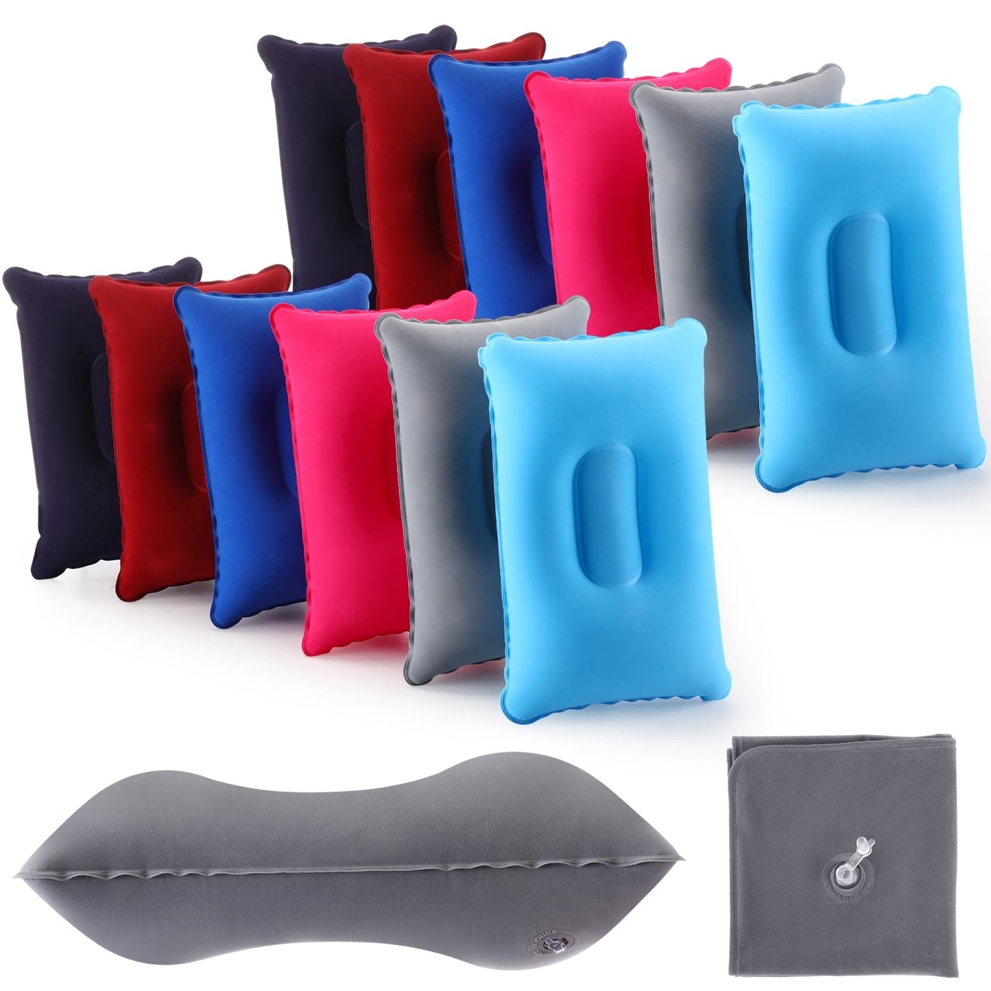 Geelin 12 Pack Inflatable Travel Pillow Squared Flocked Fabric Air Pillow Ultralight, Compact and Comfortable for Traveling, Camping, Hiking, Napping, Desk Rest, Neck Lumbar Support (16.93 × 10.63)