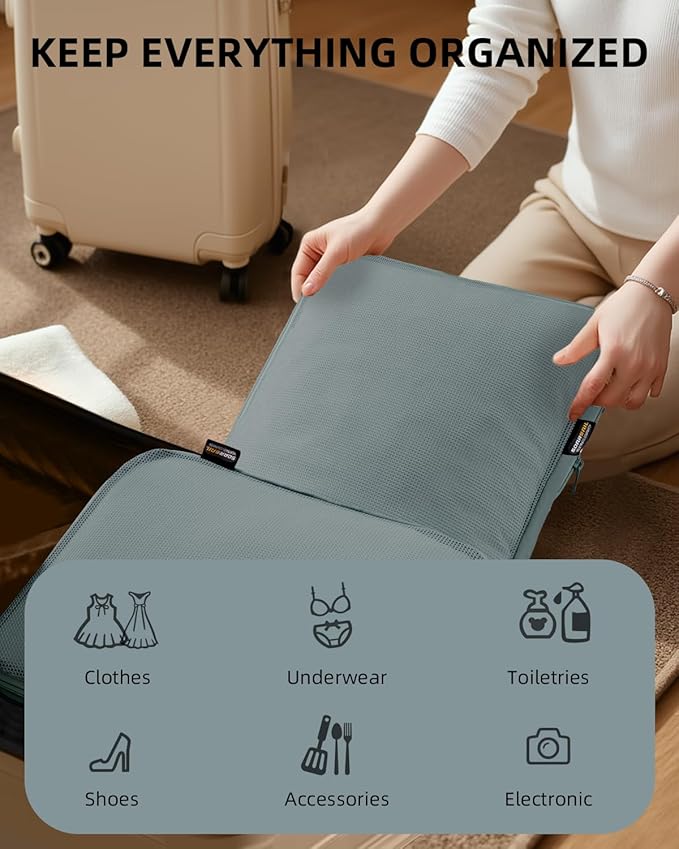 Compression Packing Bags, XL/L/M/S Travel Organizers (6 Set, Steel Blue)