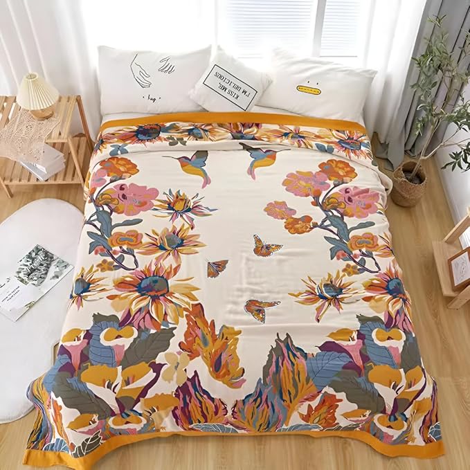 Boho 100% Cotton Throw Blankets 60"x80", Ultra Soft Lightweight Cotton Quilts Travel Blankets Summer Home Decor Blankets for Couch, Sofa,Beding Living Room