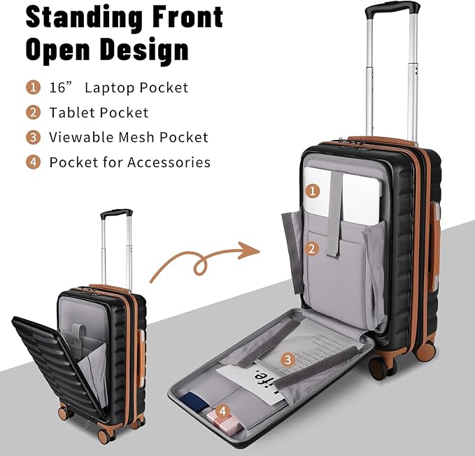 22×14×9 Airline Approved Carry On Expandable Luggage with Front Open Pocket, Spinner Wheels, ABS+PC Hardshell Small 20inch Suitcase with Protective Cover and Luggage Tag, Black