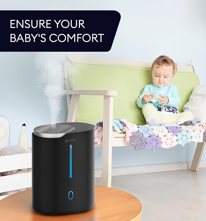 GENIANI Cool Mist Air Humidifiers for Bedroom, Plants, and Large Rooms - Quiet Humidifiers for Baby Room with Auto Shut Off & Night Light (3.9L, Black)