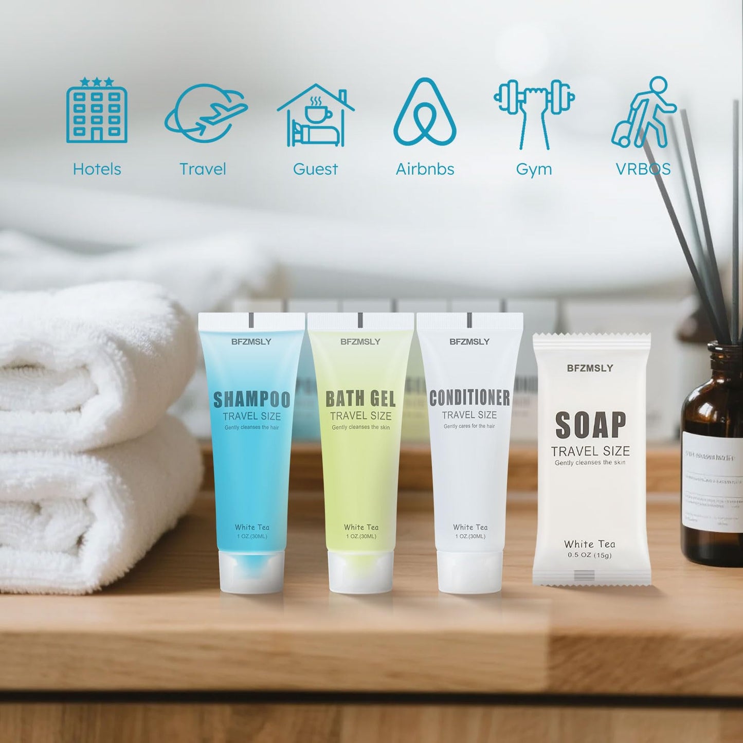 50 Sets Hotel Toiletries Set Bulk, 200 Pcs Travel Mini Bundle Amenities with Shampoo, Conditioner, Body Lotion & Bar Soap - White Tea Scent - Guest Supplies for Airbnb, Motel, Hospitality