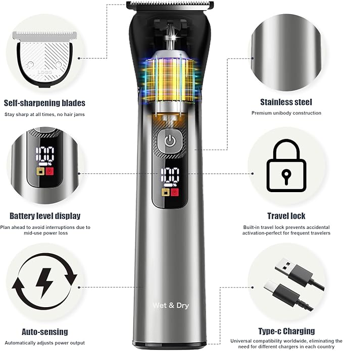 Beard Trimmer for Men – Stainless Steel Electric Razor & Shaver, Cordless Hair Clippers Grooming Kit, IPX7 Waterproof Nose Ear Face Body Trimmer, USB-C Rechargeable with Travel Lock, Gifts for Men